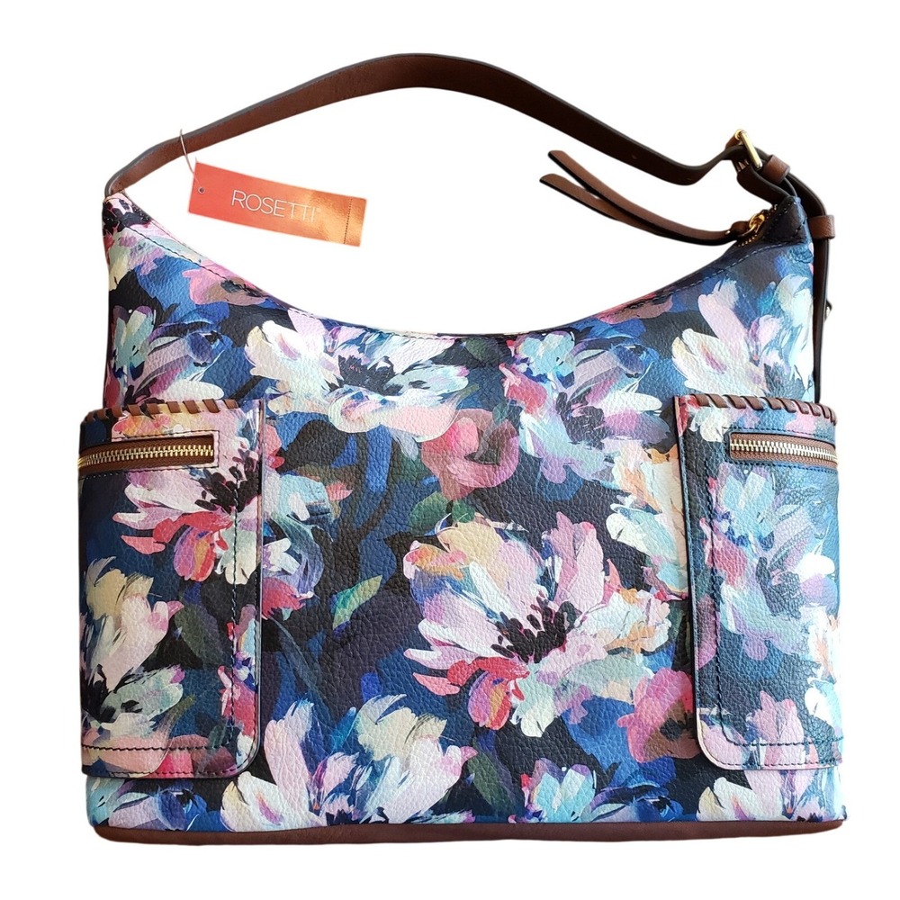 Rosetti Floral Hobo Shoulder Bag Blue Pink‎ Multi Faux Leather Zip Pockets NWT